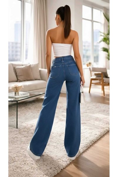 NWC Lara 90's Likralı Salaş Kadın Orta Mavi Süper Yüksek Bel Salaş Paça Denim Kot Pantolon