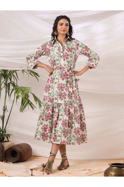 desichic White green batik floral dress