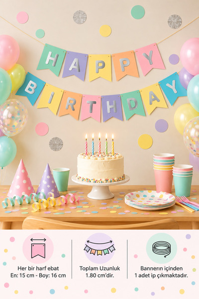 HAPPYLOOPPARTY Zastavica za srećan rođendan u boji makarona, 180 cm, pastelne...