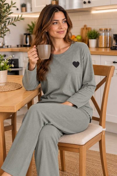 PİJART Women's Khaki Ribbed Knitted Pajama Set