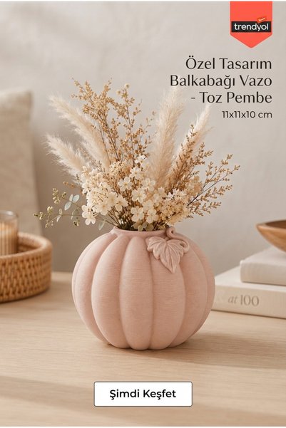Jüjü Design Fiyonk Detaylı Balkabağı Formlu Dekoratif Vazo 11x10 cm Kuru Çiçe...