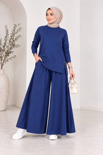 MEYASU Women's Hijab 2-Piece Set Modal Fabric Zipper Detailed Tunic Wide Leg Pants Skirt - Navy Blue