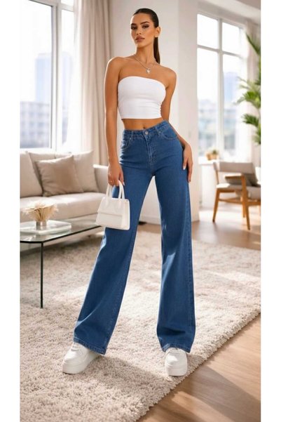 NWC Lara 90's Likralı Salaş Kadın Orta Mavi Süper Yüksek Bel Salaş Paça Denim Kot Pantolon