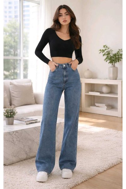 NWC Lara 90's Likralı Salaş Kadın Orta Mavi Kar Süper Yüksek Bel Salaş Paça Denim Kot Pantolon