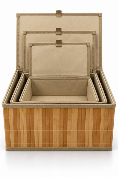 NATUREL DEKOR Bamboo Lid Lined Rectangular 3-Piece Large Size Storage Box and Organizer Set - Bohemian, Basket, Düze