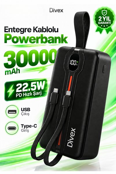 Divex 30.000 mAh 22.5W PD Hızlı Şarjlı Powerbank – Entegre Type-C ve Lightning Kablolu, Dijital LED Göstergeli, USB ve Type-C Portlu Taşınabilir Şarj Cihazı