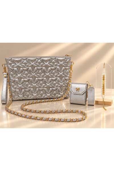 CLUTCH Women's Silver Star Patterned Quilted Bag and Card Holder Set, Evening Dress Clutch Bag with Gold Chain Strap, Black Silver Champagne Gold Powder Color Options Combination Set with Bracelet Gift