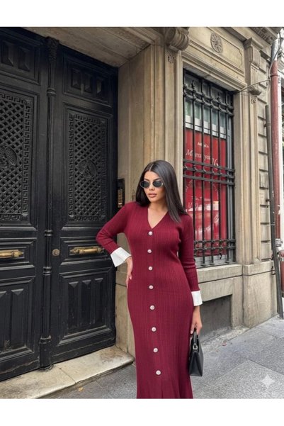 Butik Kadın V yaka fırfır detaylı renkli kol şık uzun elbise