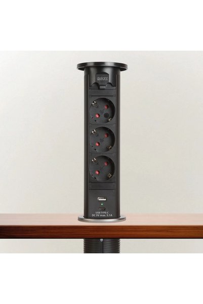 DELIGHT Priza retractabila electrica cu motor, 3 prize Schuko, 2x USB, 16A, n...
