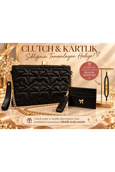 CLUTCH Women's Silver Star Patterned Quilted Bag and Card Holder Set, Evening...
