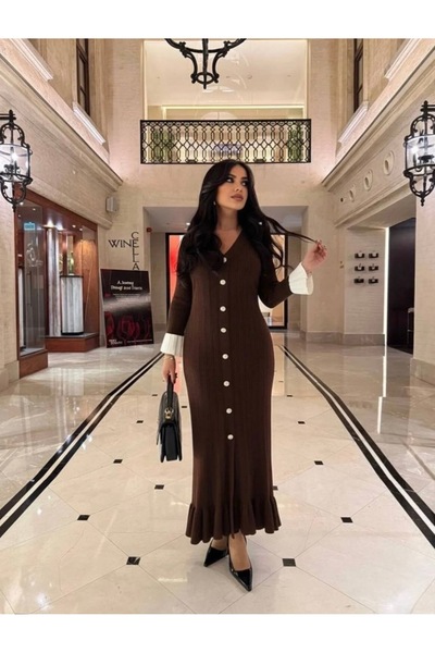 Butik Kadın V yaka fırfır detaylı renkli kol şık uzun elbise