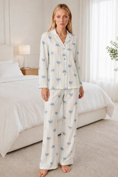 bysocafashion Women's White Patterned Comfortable Fit Pajama Set