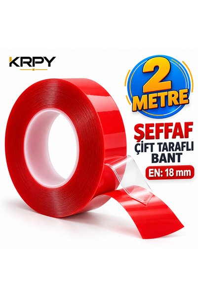 KRPY Şeffaf Çift Taraflı Bant 18 mm x 2 Metre – Güçlü Yapışkanlı Montaj Bandı...