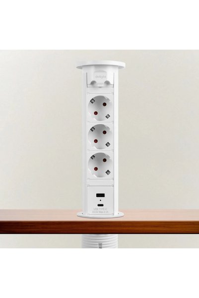 DELIGHT Priza retractabila electrica cu motor, 3 prize Schuko, 2x USB, 16A, alb