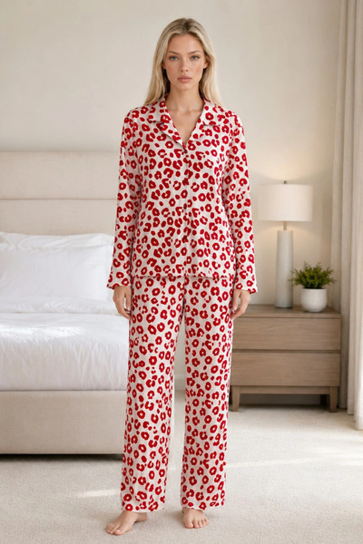 bysocafashion Women's Red Patterned Flexible Loose-Fit Pajama Set