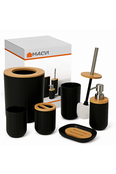 MACVI Set Baie Macvi® 6 Piese Negru Mat cu Accente de Lemn, Cos Gunoi, Perie ...