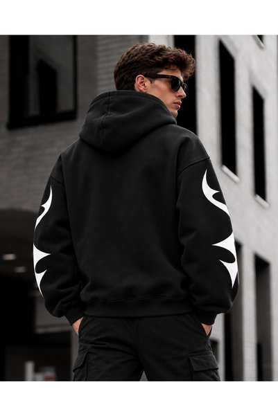 HAI COLLECTİON Hooded Sweatshirt Black Oversize 3 Thread Raster Unisex Hoodie
