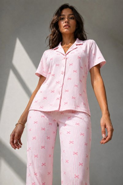 bysocafashion Women's Pink Classic Buttoned Pajama Set