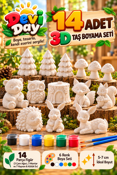 Devi Day 14 Parça 3D Taş Boyama Seti – Işığını Kaybeden Orman | 6 Renk Boya ve 2 Fırça | Çocuklar İçin Yaratıcı Aktivite ve Hediye Seti