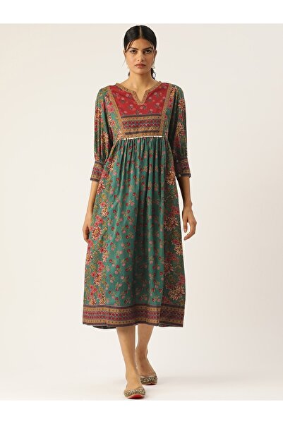 desichic Emerald & Maroon Floral Block Print Midi Dress