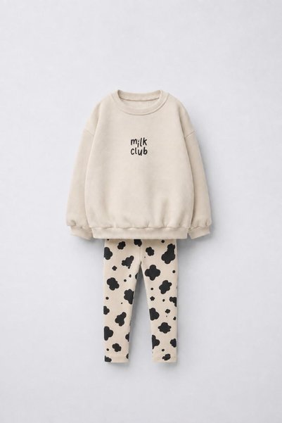Magu Girl's Cotton Milk Club Printed Ecru Sweatshirt and Patterned Leggings Set