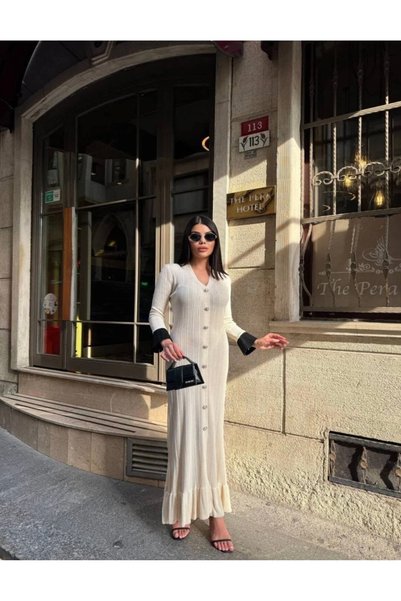 Butik Kadın V yaka fırfır detaylı renkli kol şık uzun elbise