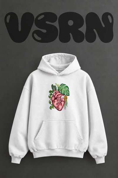 VSRN سويت شيرت أبيض كبير الحجم بقلنسوة وطباعة أمامية بتصميم نباتي على شكل قلب