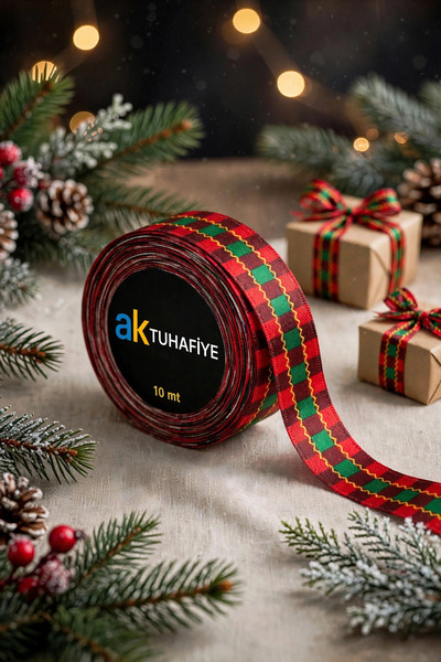 Ak Tuhafiye Panglică din satin cu model festiv de Anul Nou, 2 cm lățime x 10 ...