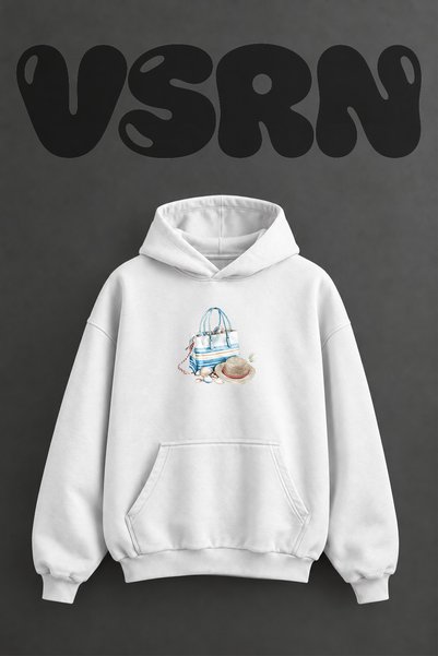 VSRN Plaj Cantasi Hasir Sapka Design Pre-Printed Oversize White Hooded Sweats...