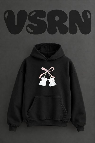 VSRN Teddy Bear Ribbon Design Pre-Printed Oversize Black Hooded Sweatshirt