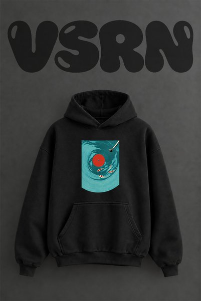 VSRN Vinyl Koi Fish Design Pre-Printed Oversize Black Hooded Sweatshirt
