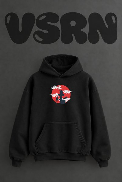 VSRN سويت شيرت أسود كبير الحجم بقلنسوة وطباعة أمامية بتصميم أكاتسوكي إيتاتشي