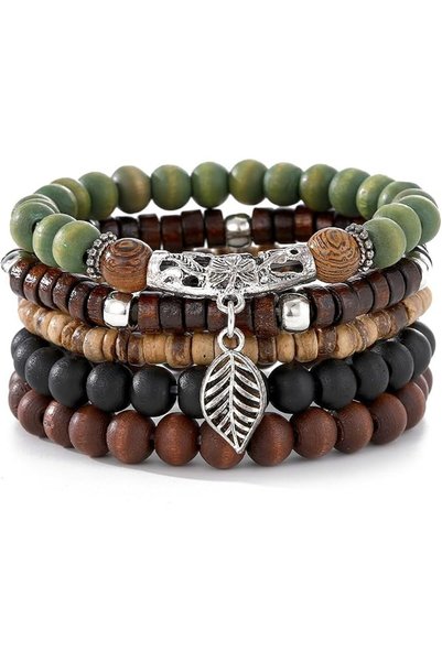 Hannea Multi-Layer Wooden Bead Bracelet Set for Men and Women Handmade Stretc...
