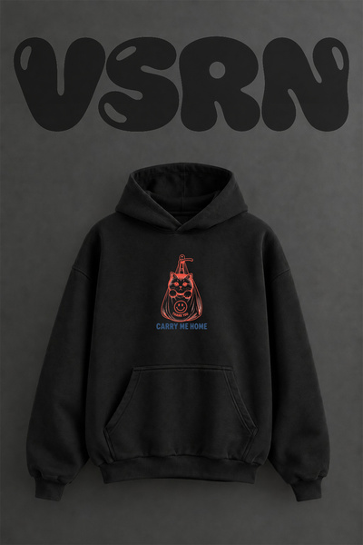 VSRN Sad Kitten Bag Design Pre-Printed Oversize Black Hooded Sweatshirt