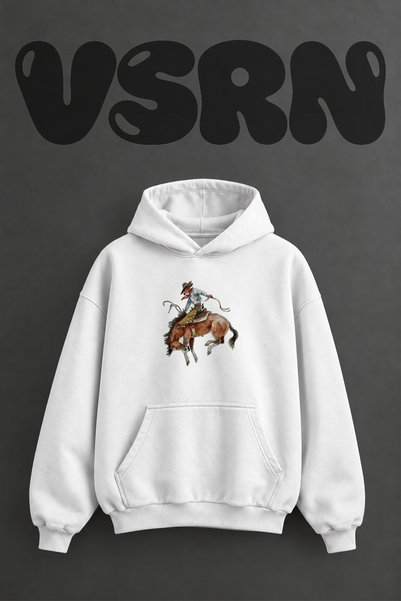 VSRN سويت شيرت أبيض كبير الحجم بتصميم روديو كاوبوي مطبوع من الأمام