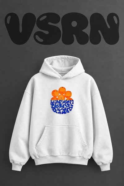 VSRN Hanorac alb supradimensionat cu glugă, cu imprimeu frontal Oranges Bowl ...