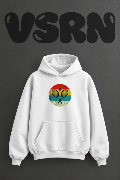 VSRN Rachete de tenis Design retro Imprimat frontal Hanorac supradimensionat ...
