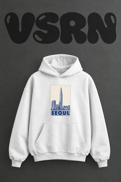 VSRN سويت شيرت بقلنسوة أبيض كبير الحجم مطبوع من الأمام بتصميم لوتي وورلد تاور