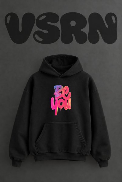 VSRN Be You Graffiti Design Pre-Printed Oversize Black Hooded Sweatshirt