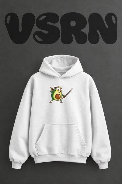 VSRN سويت شيرت أبيض كبير الحجم بتصميم الأفوكادو ساموراي مطبوع من الأمام