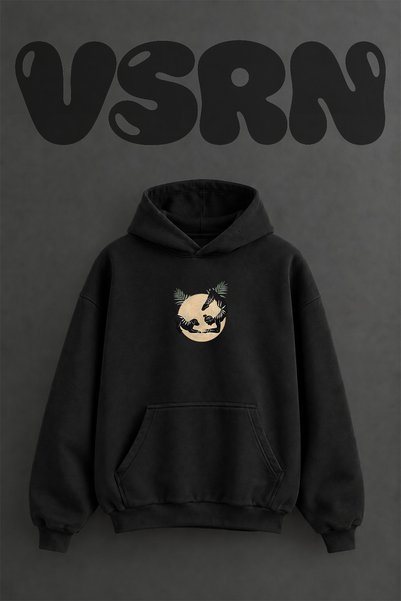 VSRN Women's Yoga Kopek Design Pre-Printed Oversize Black Hooded Sweatshirt