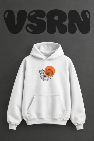 VSRN Orange Drawing Design Pre-Printed Oversize White Hooded Sweatshirt