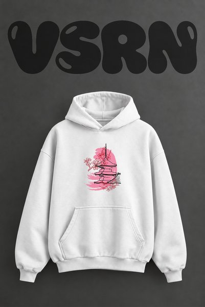 VSRN سويت شيرت أبيض كبير الحجم بقلنسوة وطباعة أمامية بتصميم باجودا ساكورا
