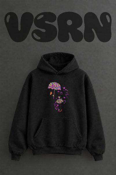 VSRN سويت شيرت بقلنسوة أسود كبير الحجم مطبوع من الأمام بتصميم Silhouette Cice...