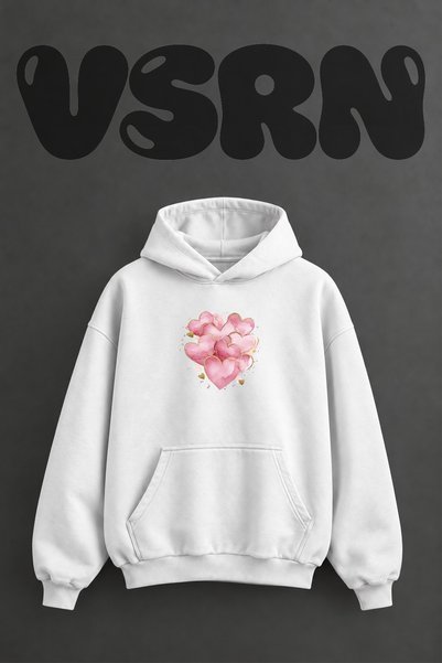 VSRN Pink Hearts Design Pre-Printed Oversize White Hooded Sweatshirt