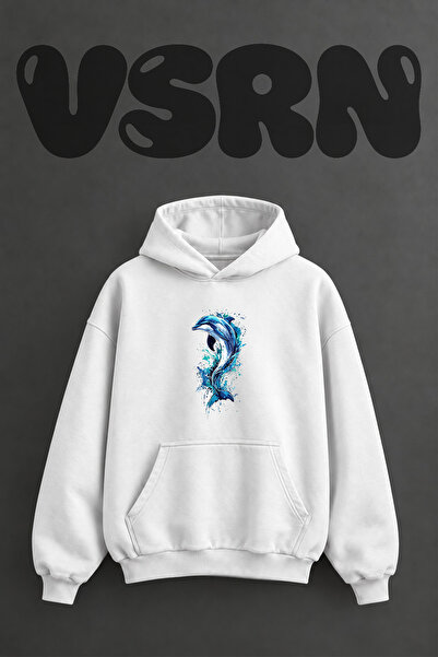 VSRN Dolphin Splash Design Pre-Printed Oversize White Hooded Sweatshirt