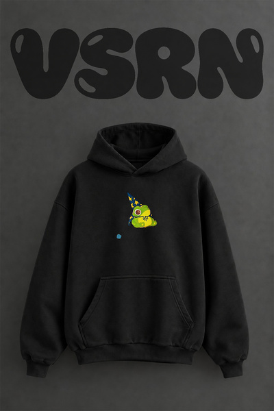 VSRN سويت شيرت بقلنسوة أسود كبير الحجم مطبوع من الأمام بتصميم Wizard Frog