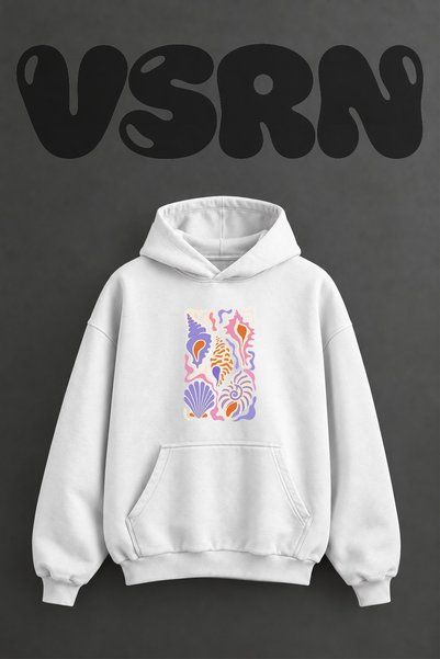 VSRN سويت شيرت أبيض كبير الحجم بقلنسوة وطباعة أمامية بتصميم Sea Shells