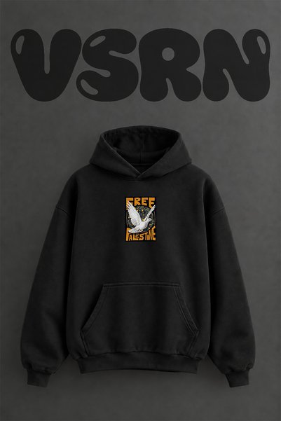 VSRN Free Palestine Design Pre-Printed Oversize Black Hooded Sweatshirt