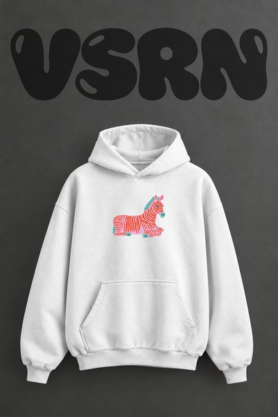 VSRN Colorful Zebra Design Pre-Printed Oversize White Hooded Sweatshirt